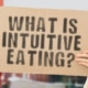 The question " What is intuitive eating? " on a banner in hand with blurred background.