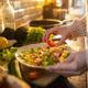 Hands prepare a fresh healthy salad on kitchen counter surrounded by vegetables